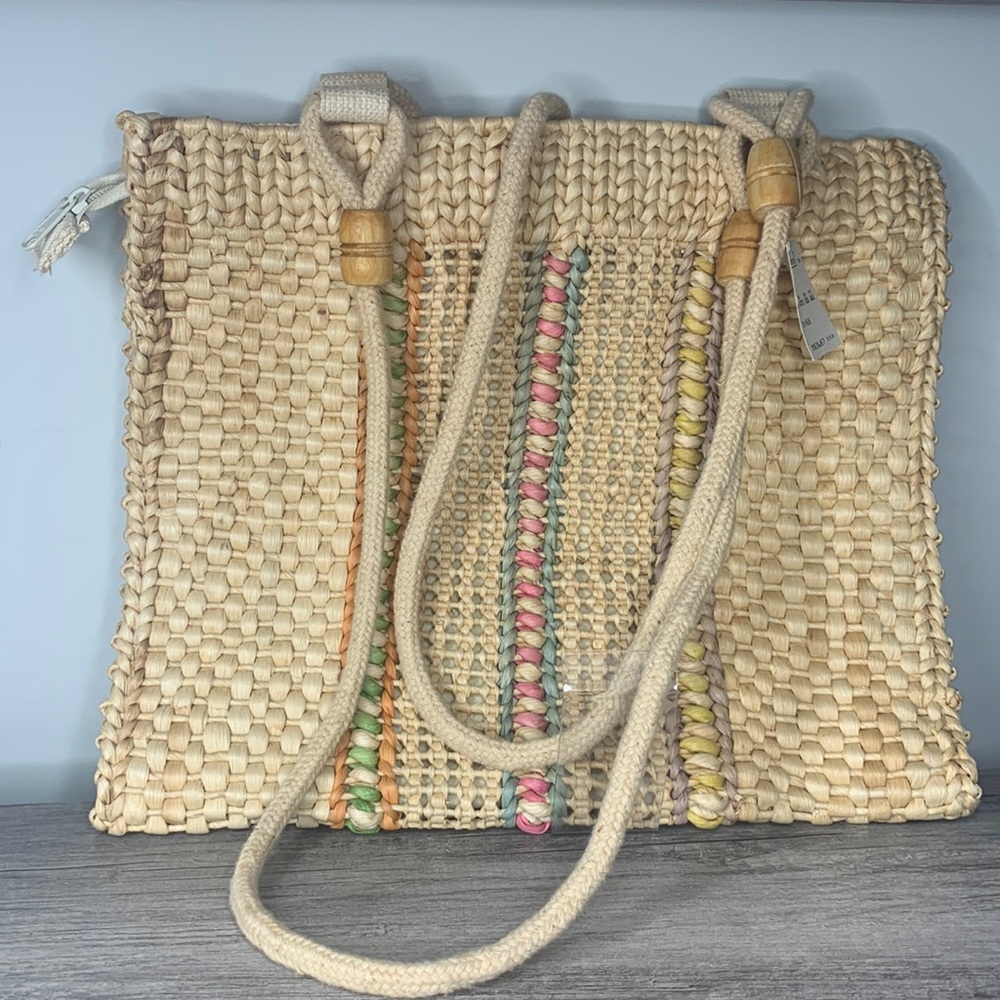 Tan and Green Tote Bag with Textured Design